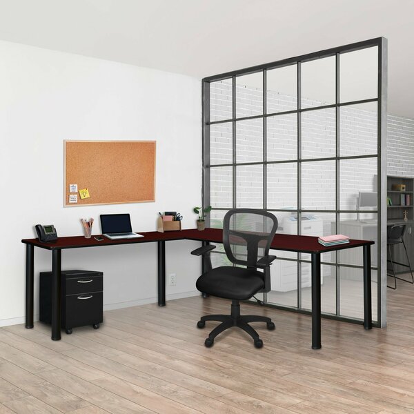 Kee Desking L Shaped Desk, 66 D X 60 W X 29 H, Black|Mahogany, Wood|Metal ML602442MHBPBK